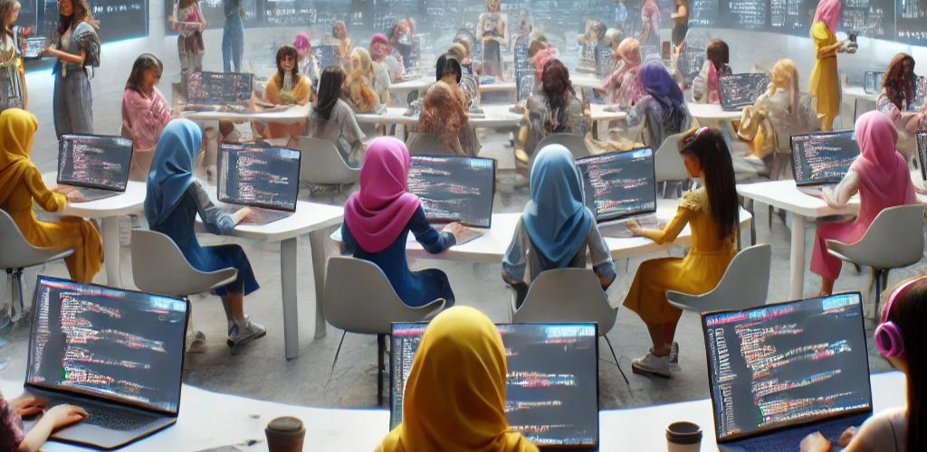 A futuristic learning environment in 2025 where young female front-end developers in Ibadan are actively working on web projects.